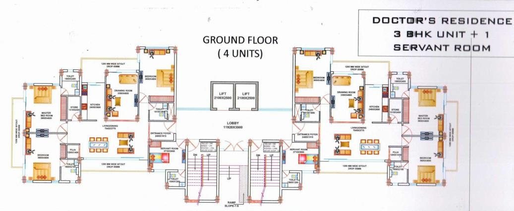 Floor plan of the doctors' residence, 3 BHK units